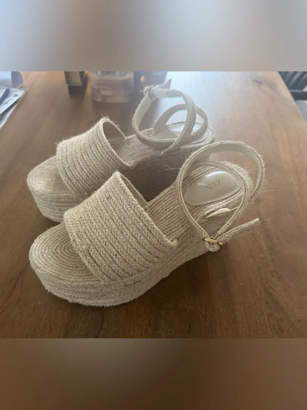 Zara Beige Woven Jute Espadrille Platform Sandals